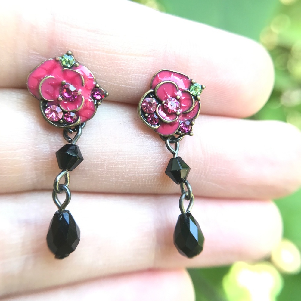 Pink Rose Black Bead Drop Earrings Stud Enamel